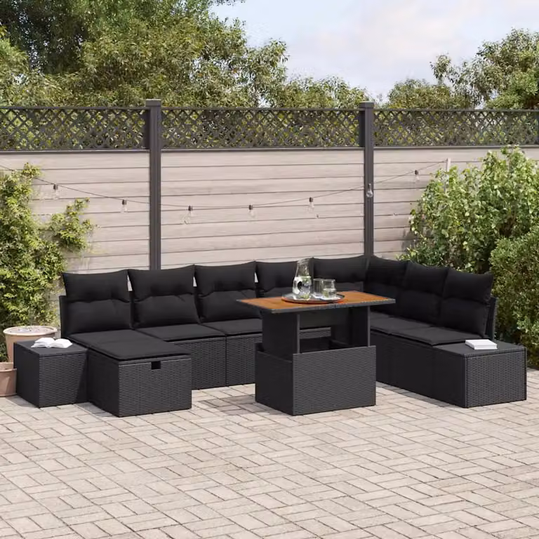 Set Divano da Giardino Moderno vidaXL in Polyrattan Nero con Cuscini 9 Pezzi