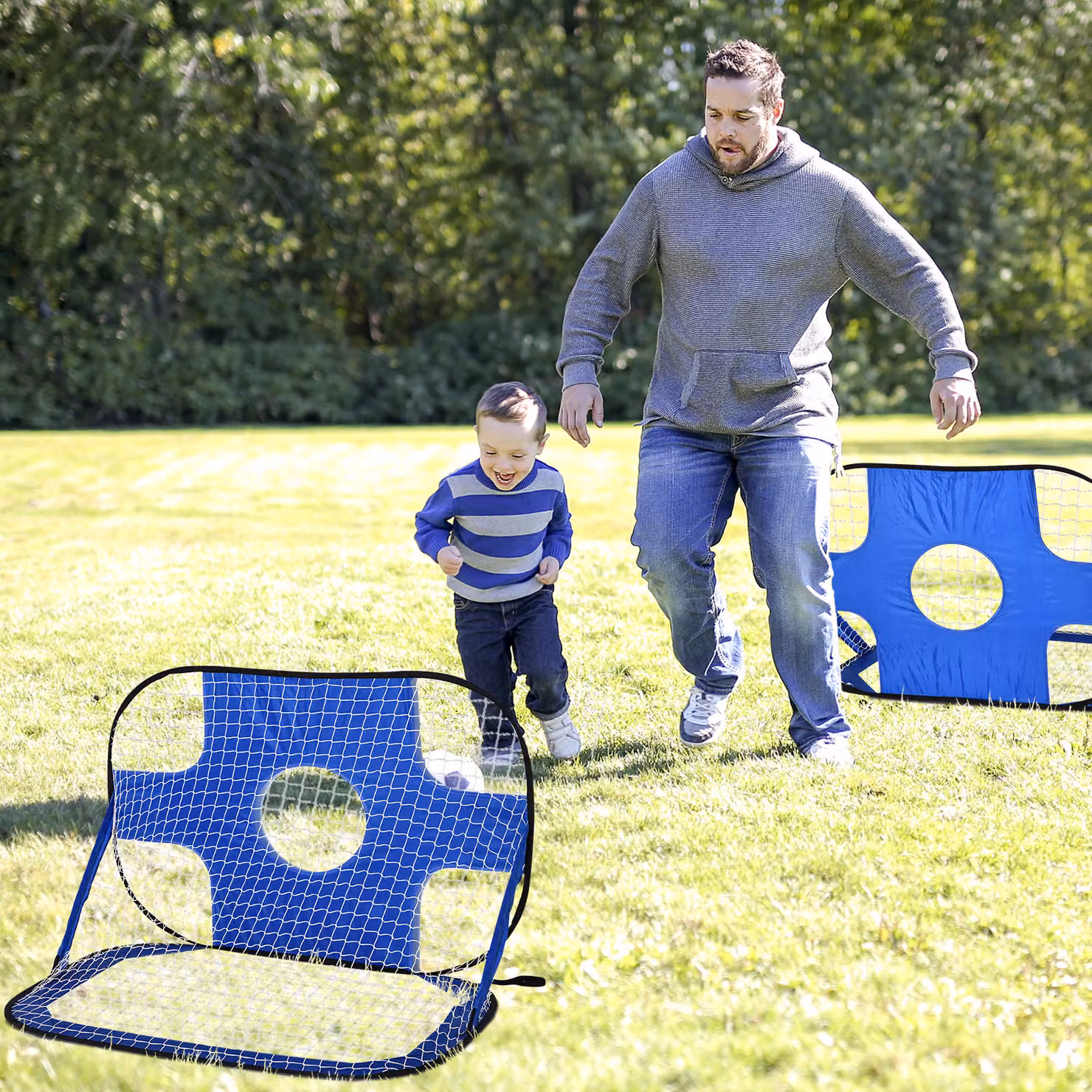 HOMCOM Set di 2 Porte da Calcio Pieghevoli con Bersaglio per Bambini, Blu, L 123 cm x P 80 cm x H 80 cm – 2
