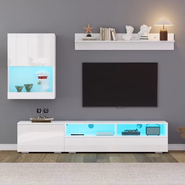 Mobile TV REDOM da 3 pezzi in MDF Bianco lucido L: 175 cm, P: 39 cm, H: 34 cm