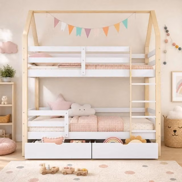 Letto a castello a due livelli 90 × 200 cm con cassetti e sponde in legno bianco e rovere senza materasso