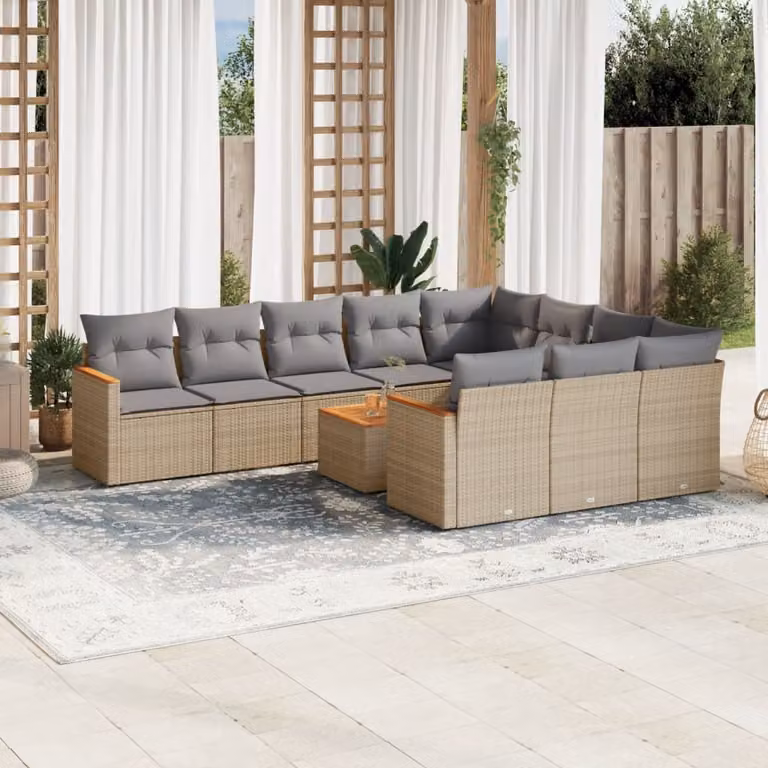 vidaXL Set Divano da Giardino 11 pz a Forma di L con Cuscini Beige e Grigio in Polyrattan e Metallo