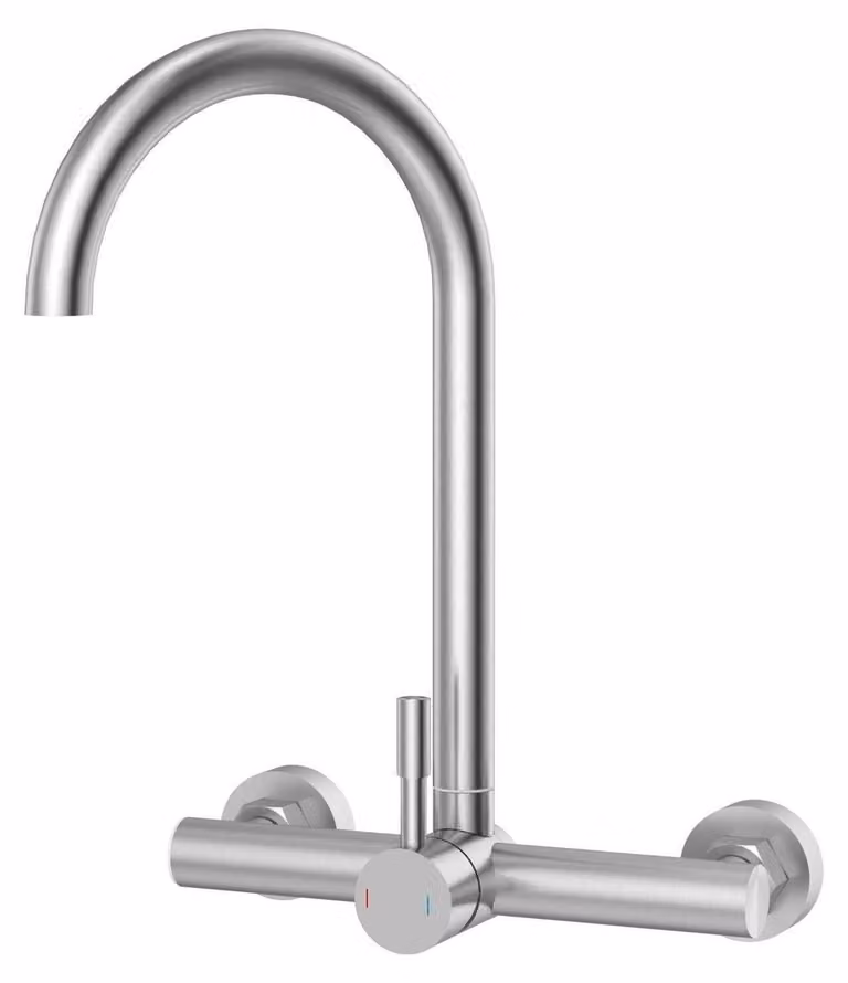 Miscelatore da cucina, montaggio a parete, acciaio inossidabile spazzolato, distanza tra i fori di 15 cm, monocomando, girevole a 360°