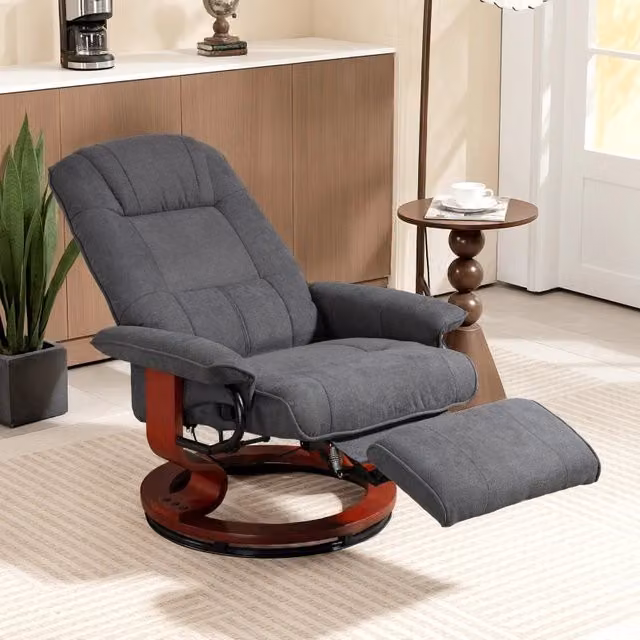 Poltrona reclinabile girevole a 360° MIVRAY con poggiapiedi, rivestimento in tessuto effetto lino grigio e base in legno laccato