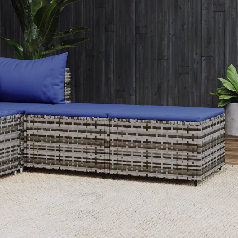 Set di 2 poggiapiedi da giardino vidaXL in polyrattan grigio con cuscini blu