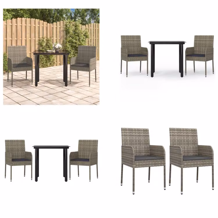 vidaXL Set da pranzo da giardino 3 pezzi con cuscini in poly rattan nero e grigio - Set da pranzo da giardino - Set da pranzo da giardino - Set da pranzo da terrazza