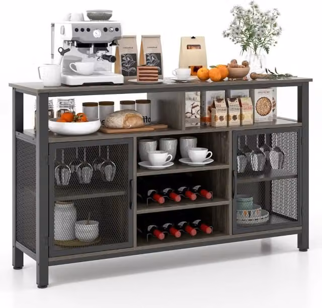 Credenza per vino da 140cm con portabottiglie per 8 bottiglie-Mobiletto per caff¨¨ con porte in rete metallica Grigio