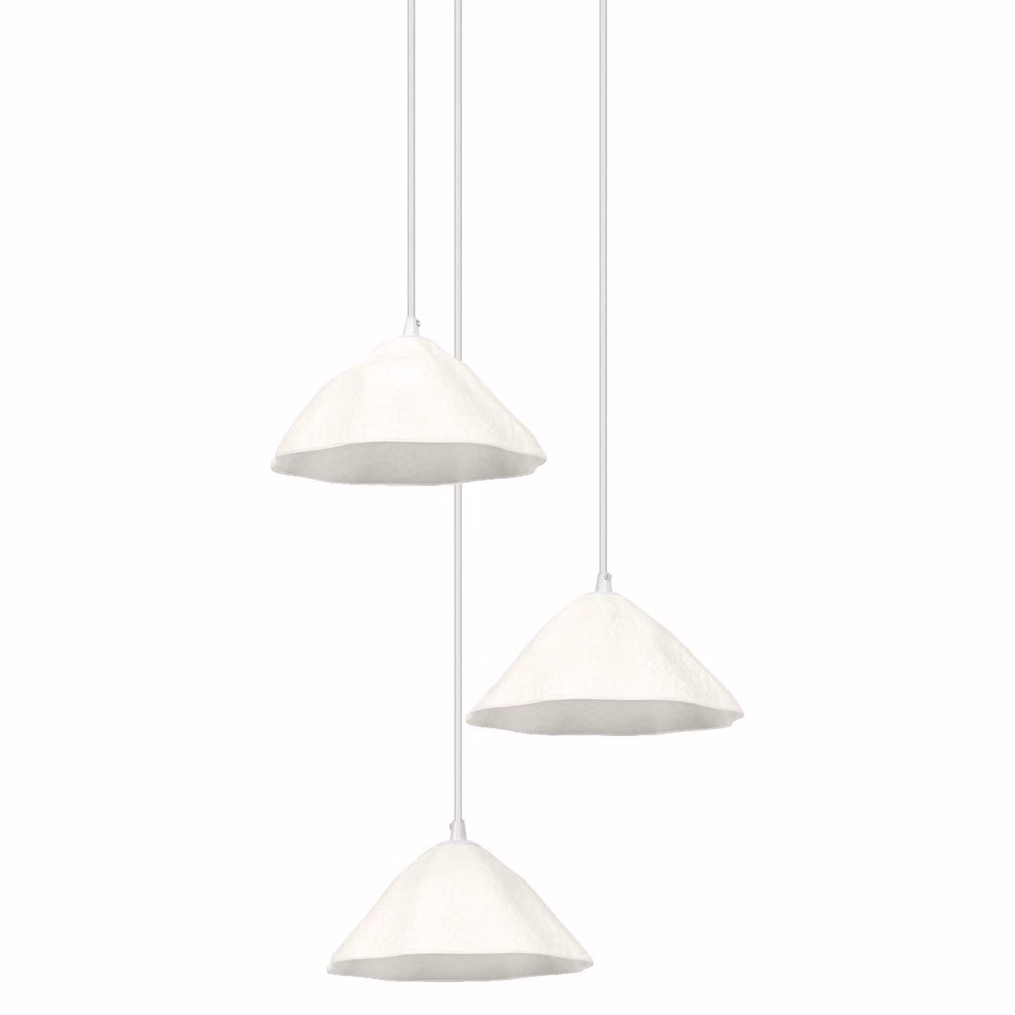 Lampada a sospensione LEDVANCE bianca a 3 luci, con decorazioni a forma di foglia di loto, realizzata in metallo e cartapesta. Attacco E14, lunghezza 1562 mm. Paralume realizzato con materiali riciclati. Installazione semplice