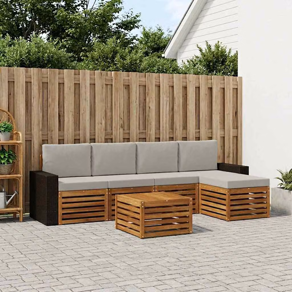 Set di divani da esterno vidaXL a forma di L composto da 6 pezzi in legno di acacia con cuscini beige e grigio per giardino e terrazza