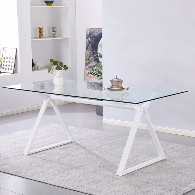Tavolo da Pranzo Skylar 180×90 cm in Vetro Temperato con Gambe a Cavalletto bianco