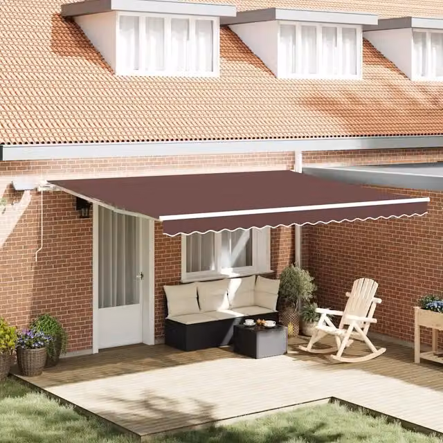 Tenda Retrattile Manuale vidaxl con LED e Bracci Pieghevoli in Alluminio e Poliestere, Marrone e Bianco, L: 450 cm, P: 300 cm – 1