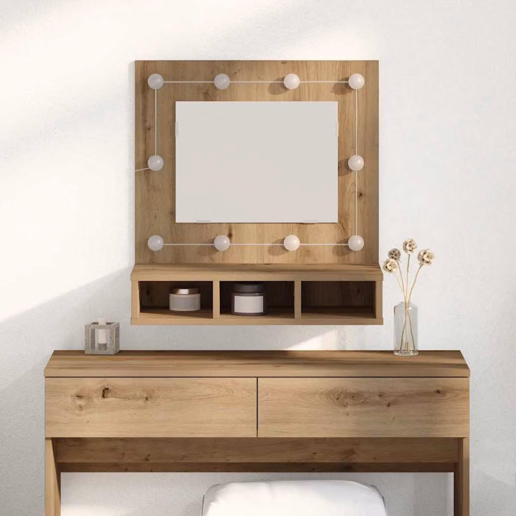 Mobiletto per specchio da parete vidaXL in rovere moderno con illuminazione LED e ante in vetro, L: 60 cm, P: 31,5 cm, H: 62 cm