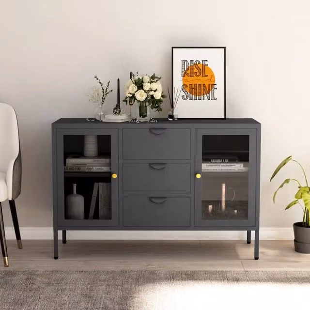Credenza-Buffet-Armadio da cucina Antracite 105x35x70 cm in Acciaio e Vetro Temperato