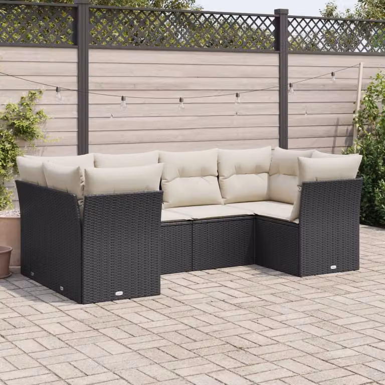 Set Divano da Giardino vidaXL a Forma di L con 6 Cuscini, Struttura in Metallo e Polyrattan, Nero e Bianco