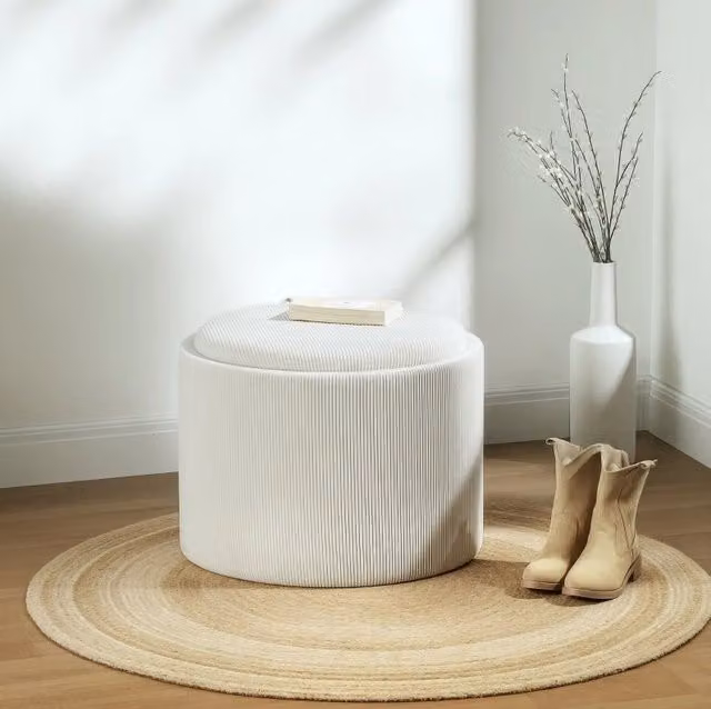 Pouf contenitore rotondo 56x56x42 cm crema con coperchio, poliestere, spazio integrato