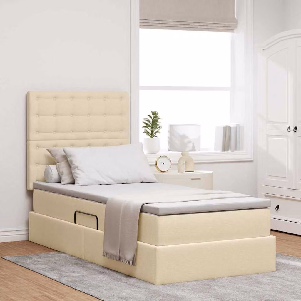 Letto con contenitore vidaXL in tessuto beige con illuminazione LED e porta USB, L/P/H: 90 x 190 x 128 cm