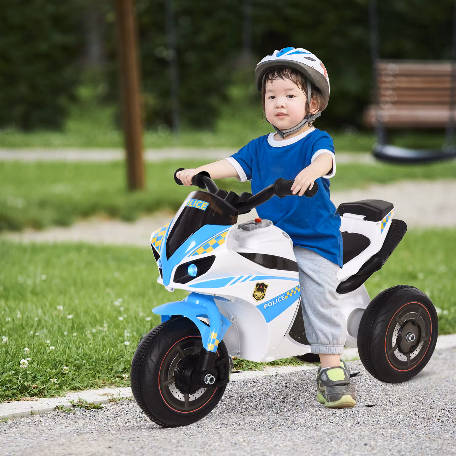 Moto Giocattolo Cavalcabile HOMCOM Stile Polizia con Musica e Fari per Bambini 18-36 Mesi, Azzurro – 2