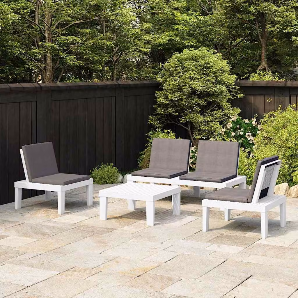 Set di divani da giardino moderno vidaXL con cuscini in plastica e tessuto, bianco e antracite