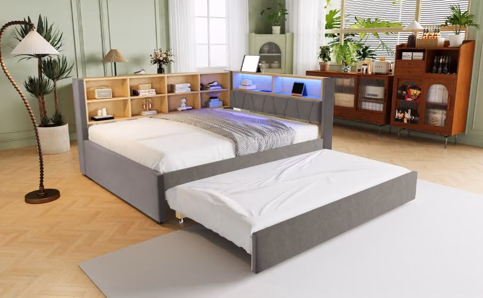 okwish Divano letto 140×200 cm Divano letto multifunzionale, letto singolo, dotato di illuminazione LED, cassetti e numerosi vani portaoggetti, senza materasso, grigio scuro