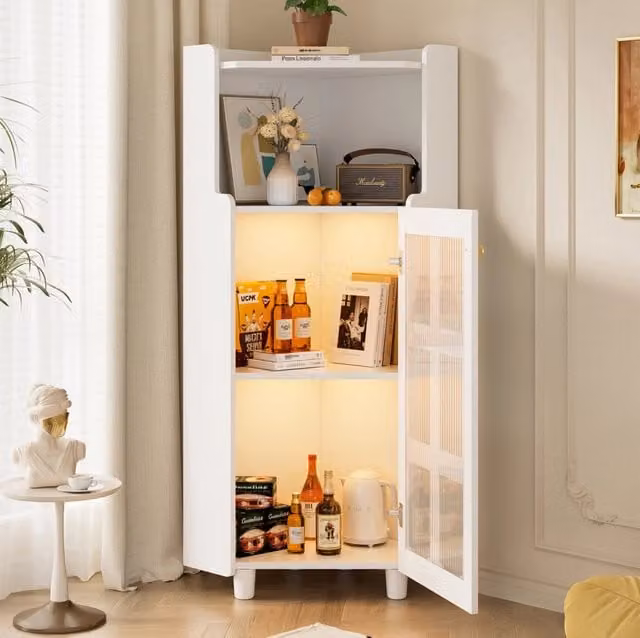 Mobile angolare MODFU bianco in MDF laccato con illuminazione LED integrata L: 124 cm, P: 63,5 cm