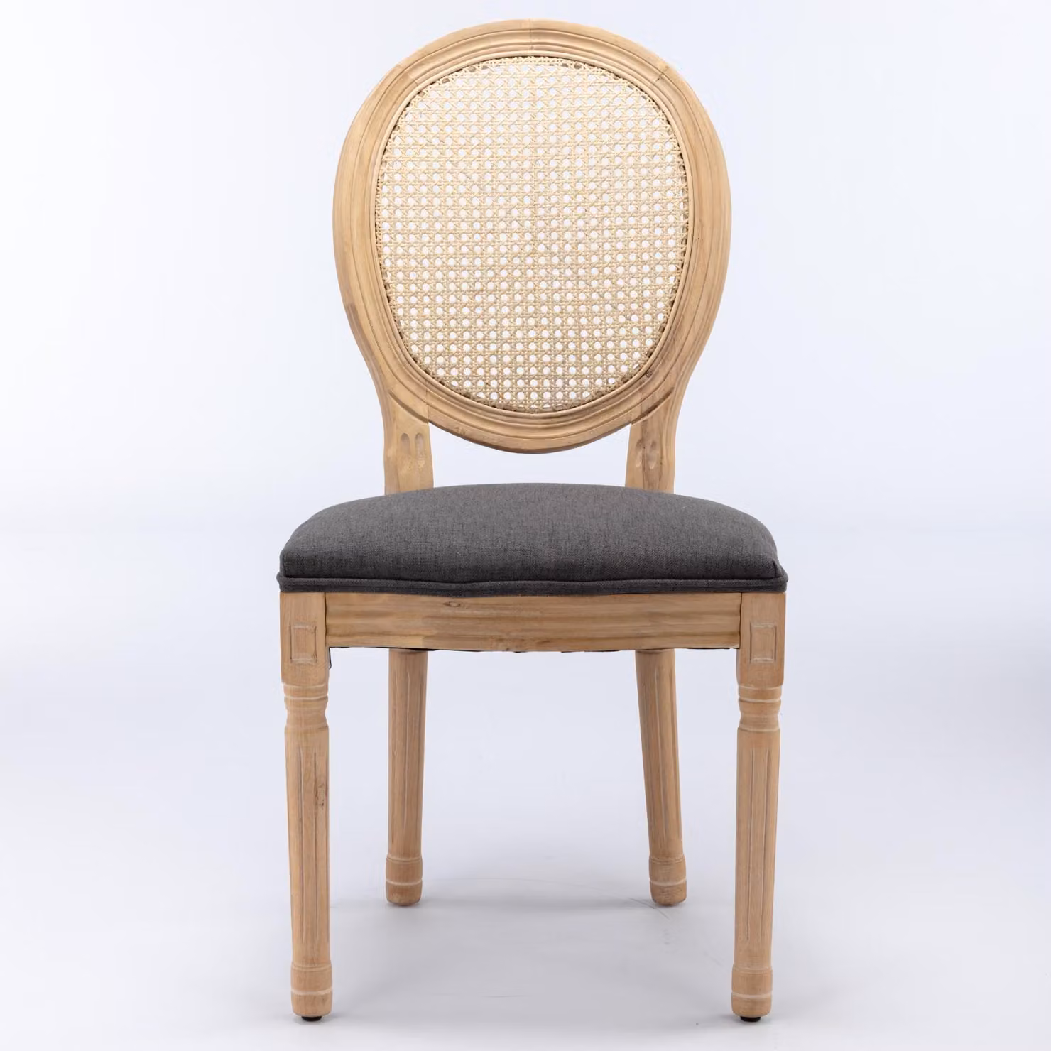 Sedia da pranzo in legno massello, stile francese, con telaio robusto, decorata con un dipinto antico, rivestita in lino e con schienale in rattan. Set di 2, colore grigio, modello DE1843DG, grigio