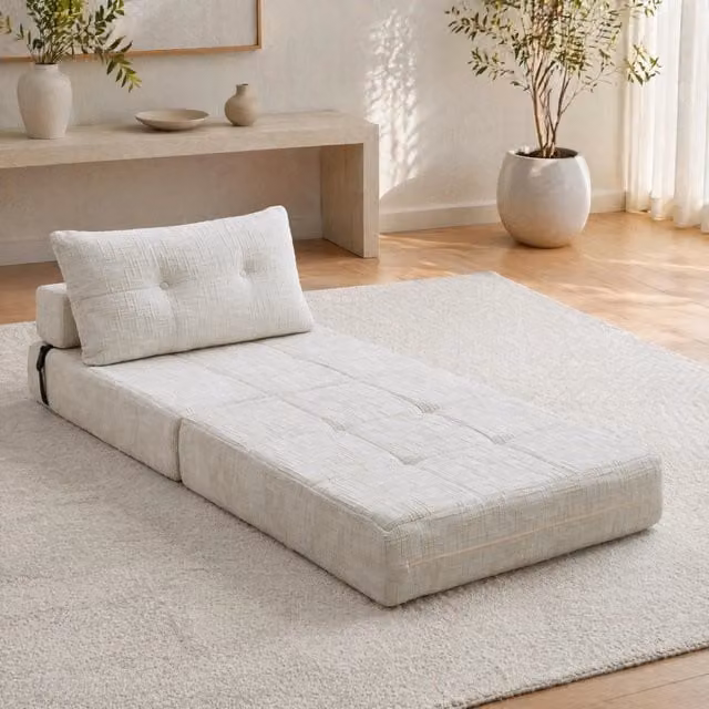 Divano letto pieghevole da pavimento FOLYNA in ciniglia beige con cuscini per testa e zona lombare L/P/H: 79 x 79 x 57 cm