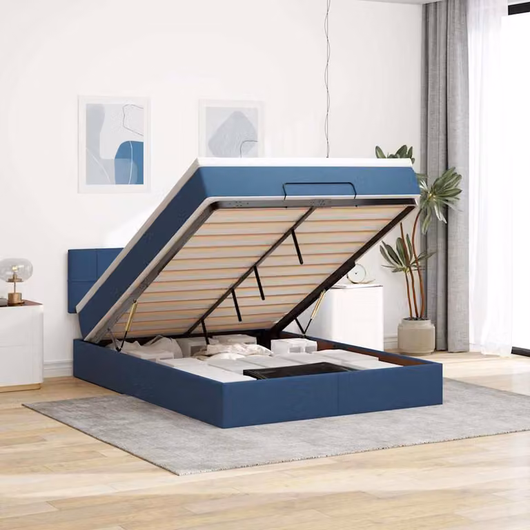 vidaXL Struttura Letto con Materasso e Pouf Blu e Bianco, con Base a Sollevamento, Illuminazione Sotto il Letto e Porte USB, L: 140 cm, P: 200 cm, H: 88 cm