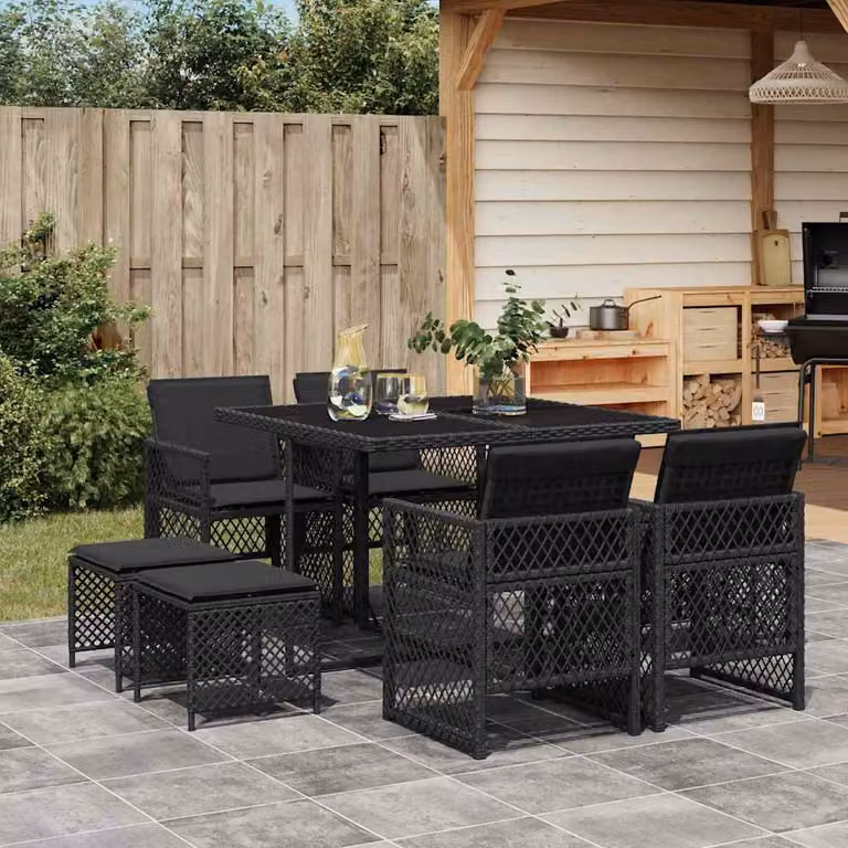 Set da Pranzo da Giardino vidaXL in Polyrattan Nero con Cuscini e Tavolo in Vetro, 9 Pezzi
