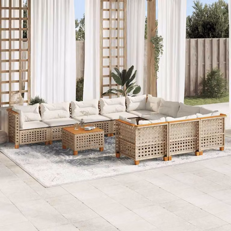 vidaXL Set Divani da Giardino 11 pz in Polyrattan con Cuscini Beige e Tavolino da Esterno