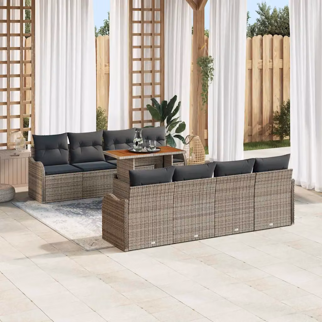 Set Divano da Giardino vidaXL 9 Pezzi a Forma di U in Poly Rattan Grigio con Tavolino e Cuscini – 1