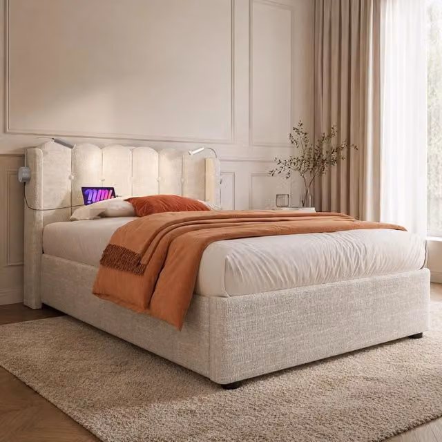 Letto singolo contenitore 90 × 200 cm con rete a doghe in lino naturale luce da lettura USB e testiera