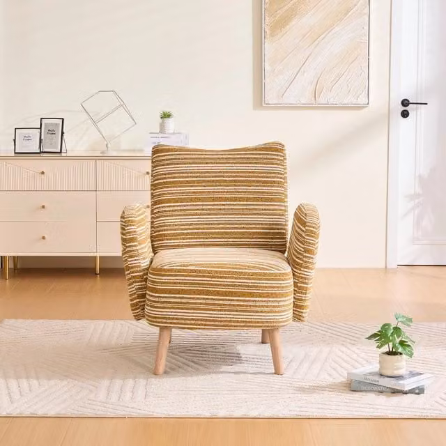 Poltrona relax imbottita Minimal in tessuto bouclé giallo con gambe in legno per soggiorno camera o ufficio