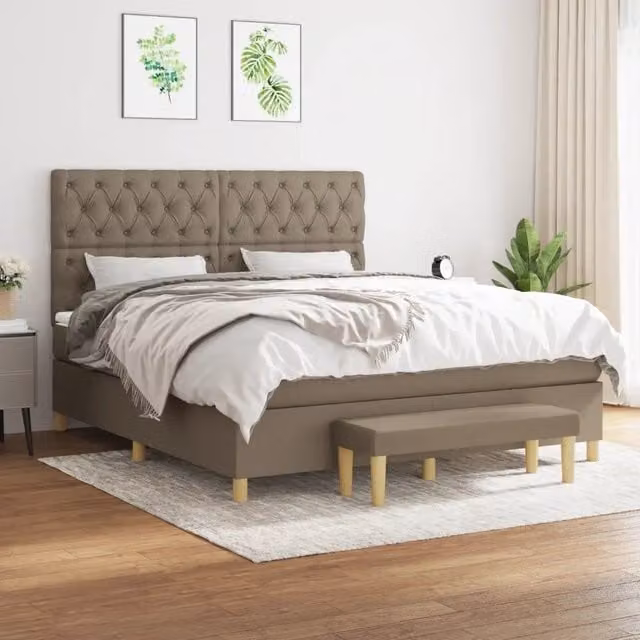 Letto Ibrido vidaXL con Giroletto a Molle e Materasso in Tessuto Beige e Bianco L/P/H: 160 x 200 x 128 cm – 1