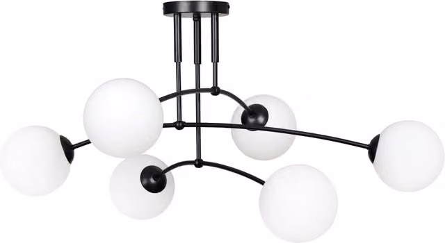 Plafoniera Moderna 6 Luci Wugu Acciaio Nero E Vetri A Sfera In Bianco