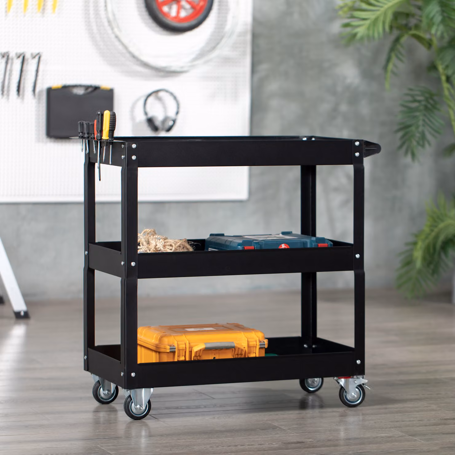 Carrello porta attrezzi DURHAND in acciaio a 3 livelli con bordi alti e 4 ruote girevoli, Nero, L 83 cm x P 35,3 cm x H 76 cm – 2