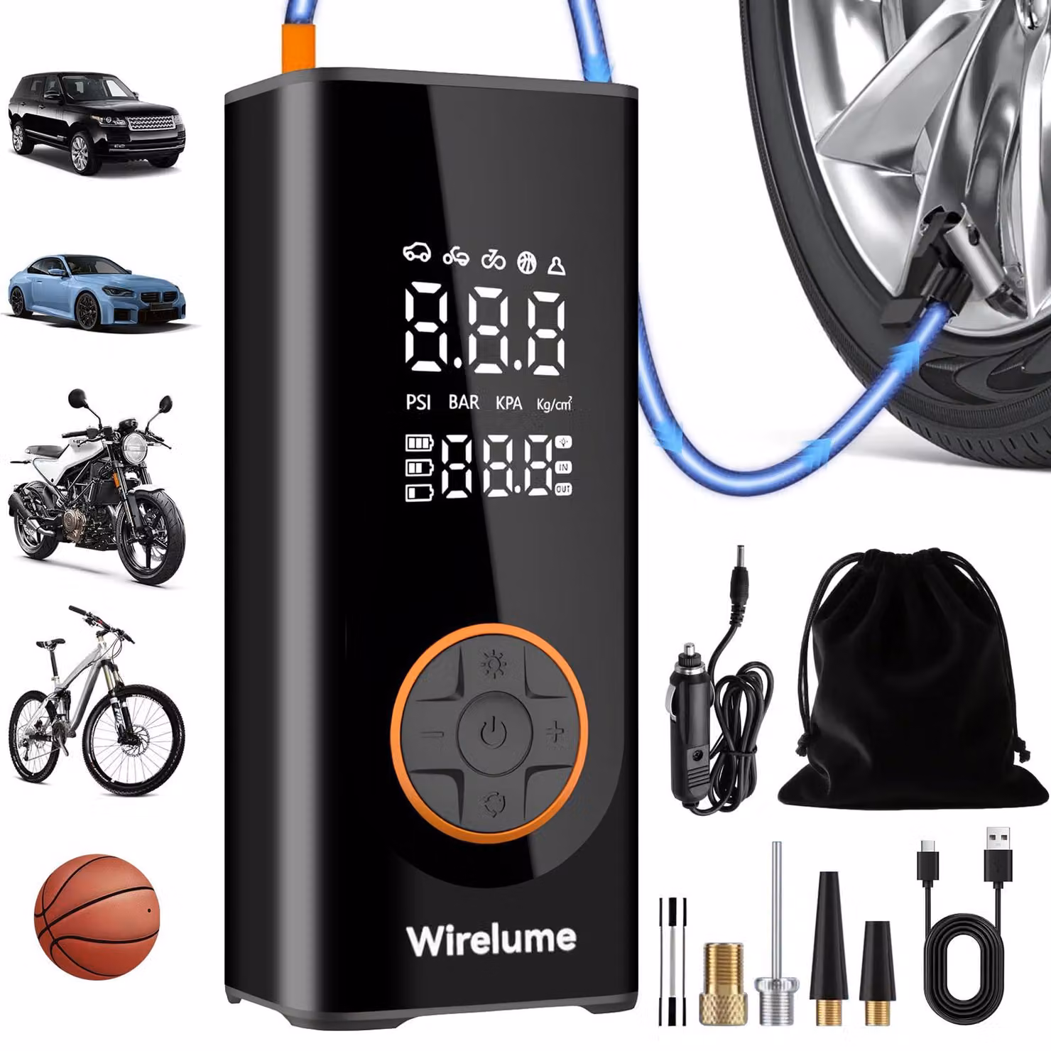 Compressore d'aria portatile, wireless, 12V - Pressione massima di esercizio: 150 PSI - Alluminio legato