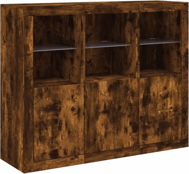 Set di 3 mobili contenitori moderni con luci LED per cucina e soggiorno in legno e vetro, colore marrone opaco