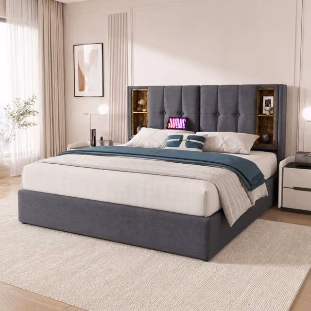 Letto imbottito 140x200 cm grigio con ricarica wireless, USB-C e vano contenitore