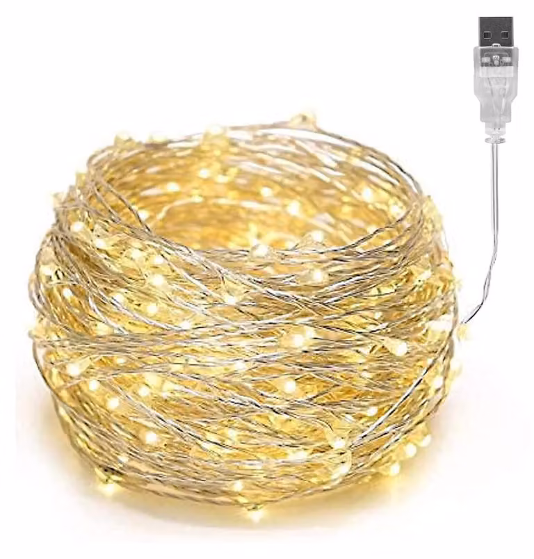 Catena luminosa a LED, 10 metri, 120 LED bianco caldo, grado di protezione IP44, alimentazione USB