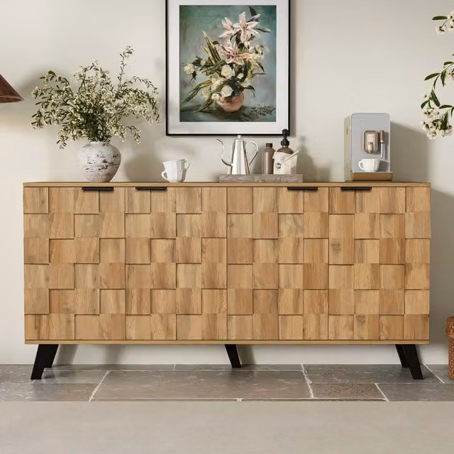 Credenza 4 Ante ¨C MINIMAL ¨C Bianco/Legno, 160x35x78 cm, Soggiorno