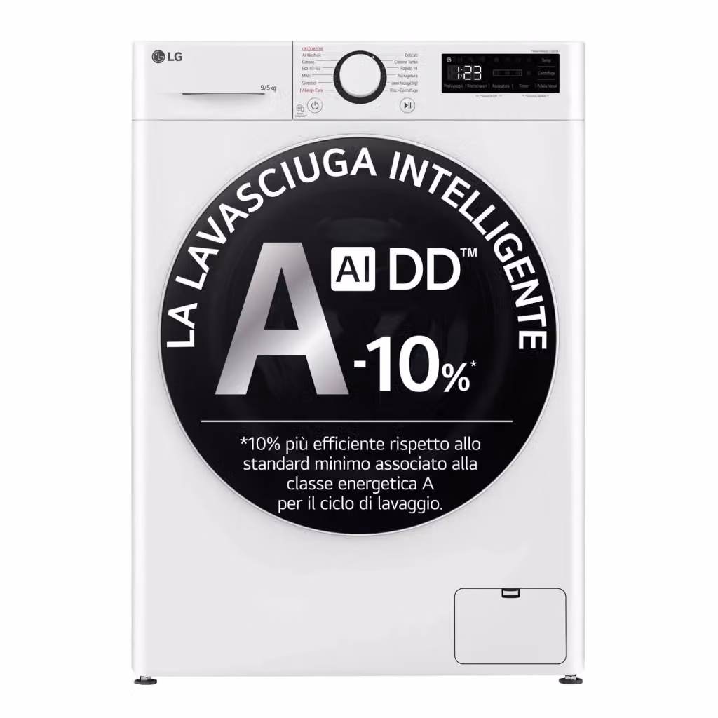 Lavasciuga LG AI DD D2R5S09TSWW, Capacità Lavaggio 9 kg e Asciugatura 5 kg, 1200 giri/min, Classe E, Colore Bianco e Nero, L/P/H: 60 x 47,5 x 85 cm – 2