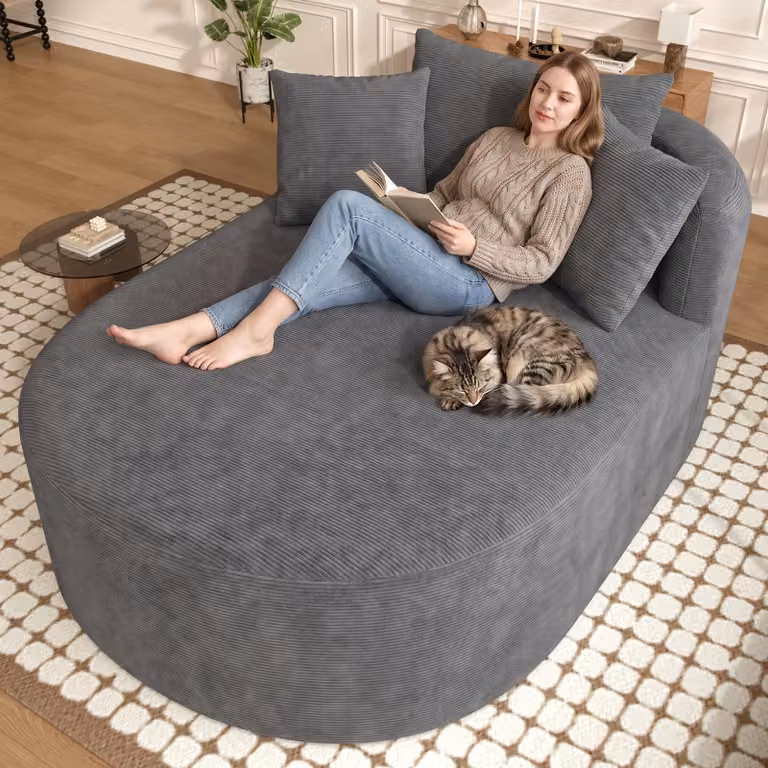 Poltrona relax ovale rivestita in tessuto corduroy, dimensioni 170x112,5x83 cm, seduta profonda 122 cm, poltrona singola di colore grigio scuro, facile da montare, ideale per il soggiorno
