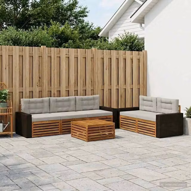 Set di mobili da esterno vidaXL composto da 6 pezzi con divani a L, tavolino da caffè e cuscini in tessuto beige e grigio con struttura in legno di acacia