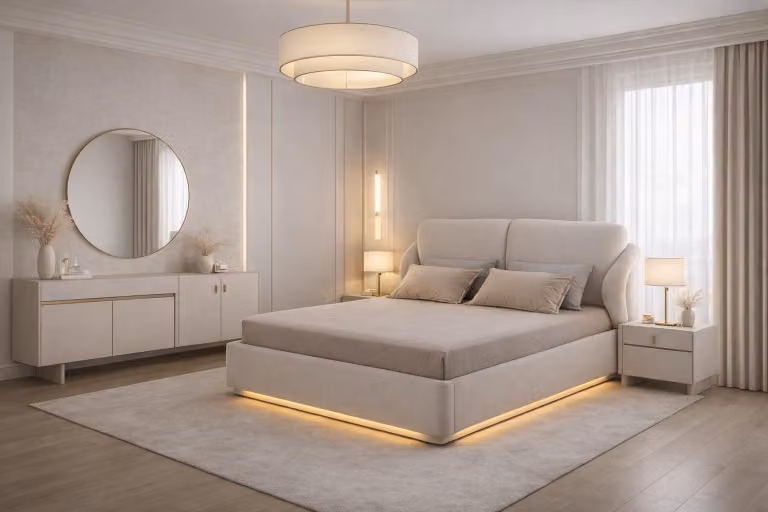 Lussuoso set da camera da letto in beige: letto, elegante cassettiera e specchio rotondo