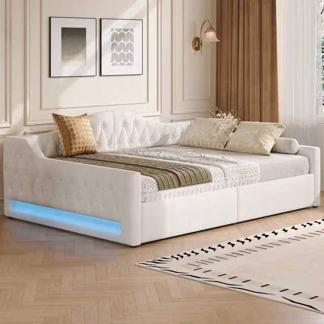 Letto Contenitore REDOM Beige con Illuminazione LED sotto il letto e Base a Sollevamento L/P/H: 140 x 200 x 30 cm – 1