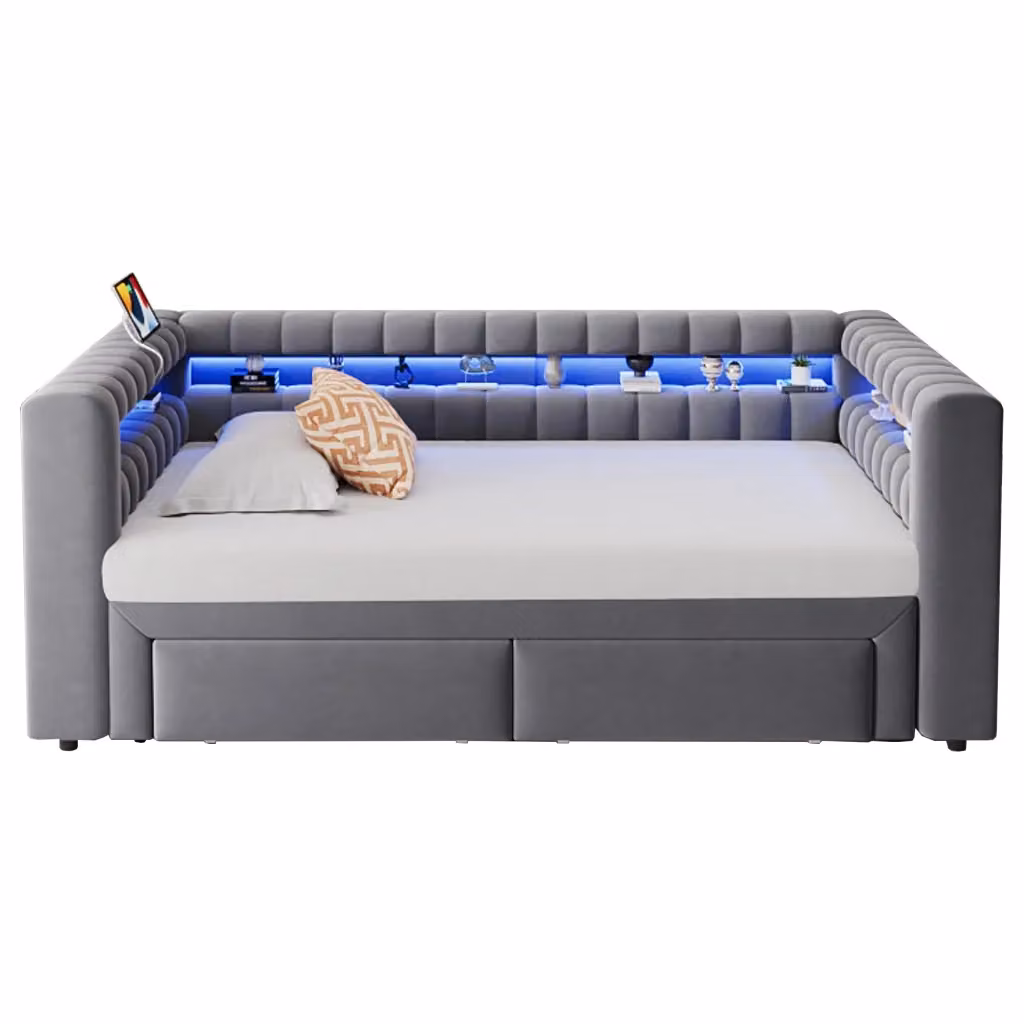 Divano letto estensibile MIVRAY in velluto grigio con cassetti, illuminazione LED e ricarica USB, L/P: 90 x 190 cm estensibile a 180 x 190 cm – 2