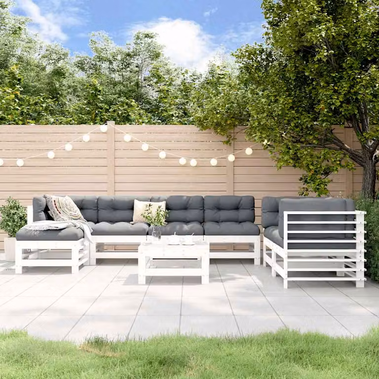 vidaXL Set Salotto da Giardino 8 pz in Legno di Pino Bianco con Cuscini e Design a L