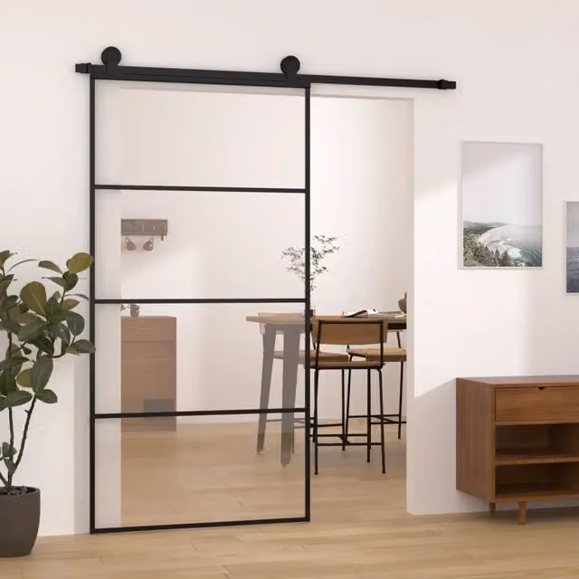 Porta Scorrevole Moderna vidaXL in Vetro ESG e Alluminio Nero L: 102,5 cm, H: 205 cm