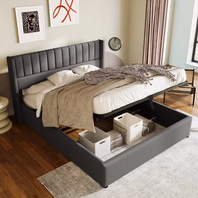 Letto matrimoniale contenitore 180 × 200 cm con base idraulica e testiera imbottita, senza materasso, in lino grigio
