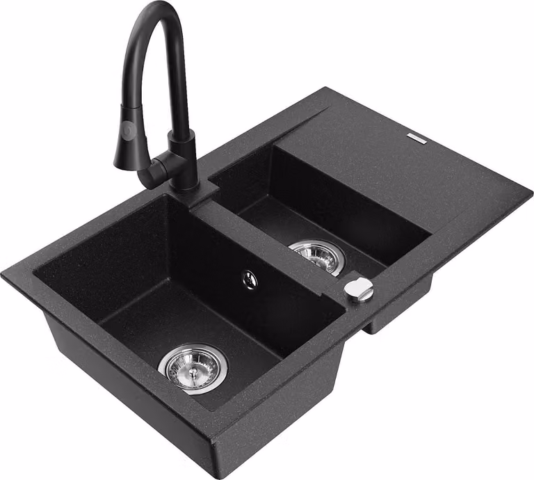 Mexen Gaspar lavello in granito 1,5 vasche con scolapiatti e miscelatore cucina Elia, nero/argento metallizzato