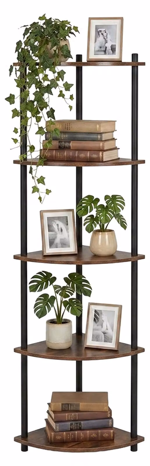 Relaxdays, scaffale angolare, dimensioni: 143,5 x 38 x 25 cm, 5 ripiani, scaffale autoportante per soggiorno, MDF, bambù, stile industriale, colore marrone/nero